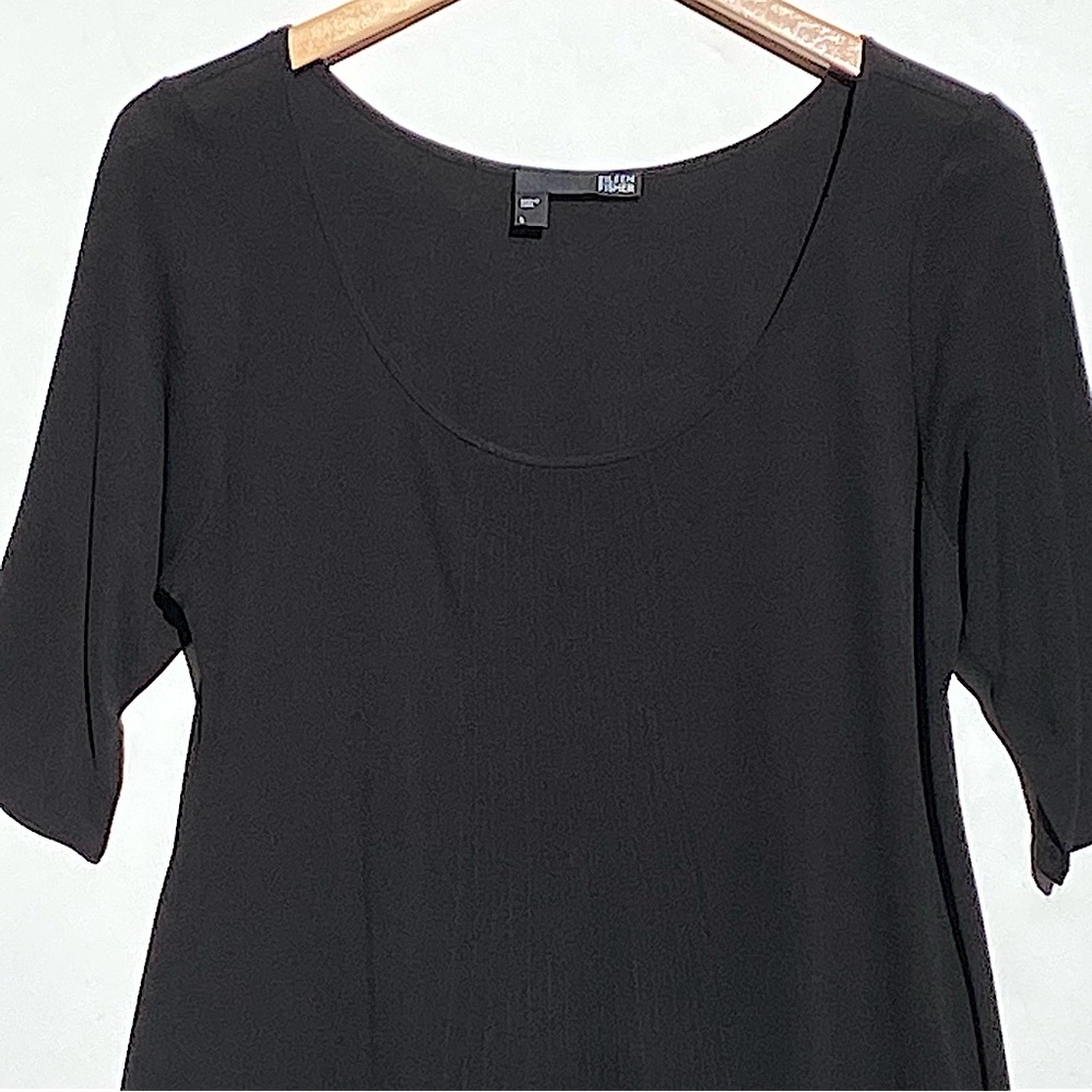 EILEEN FISHER Women’s Black Silk Jersey Pleated Front Dress Tunic 3/4 Sleeve - Picture 3 of 5
